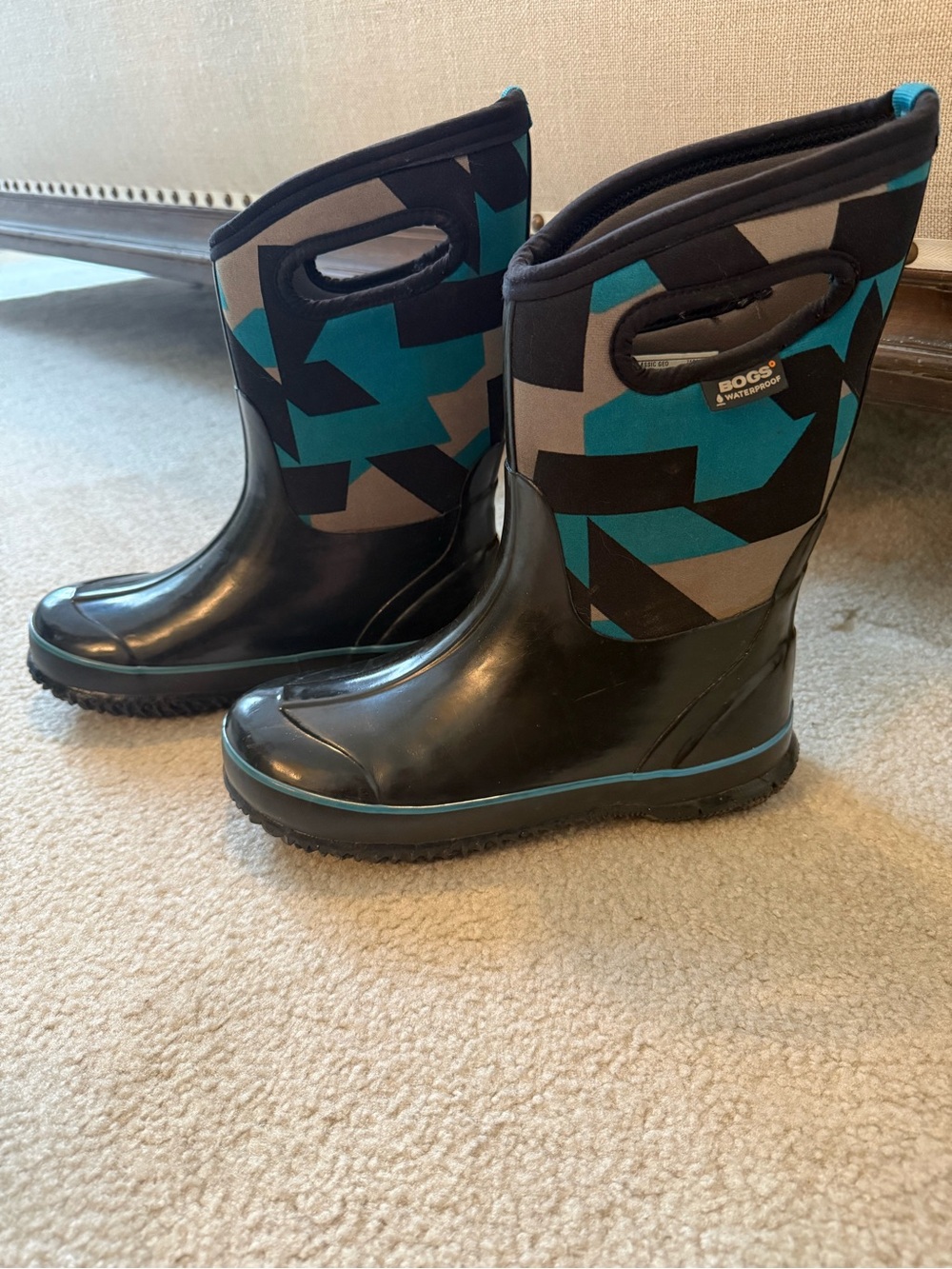 Bogs Kids Black Teal Geometric Rain & Snow Boots